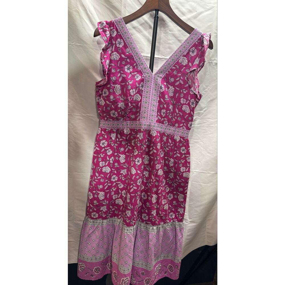 LOFT Womens 4 Petite Dress Pink Purple Floral Ruffled Tiered Midi Pocket Cottage